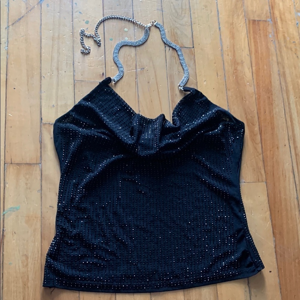 Pookie & Sebastian black Sequin Halter Top with rhinestones chain euro‎ summer